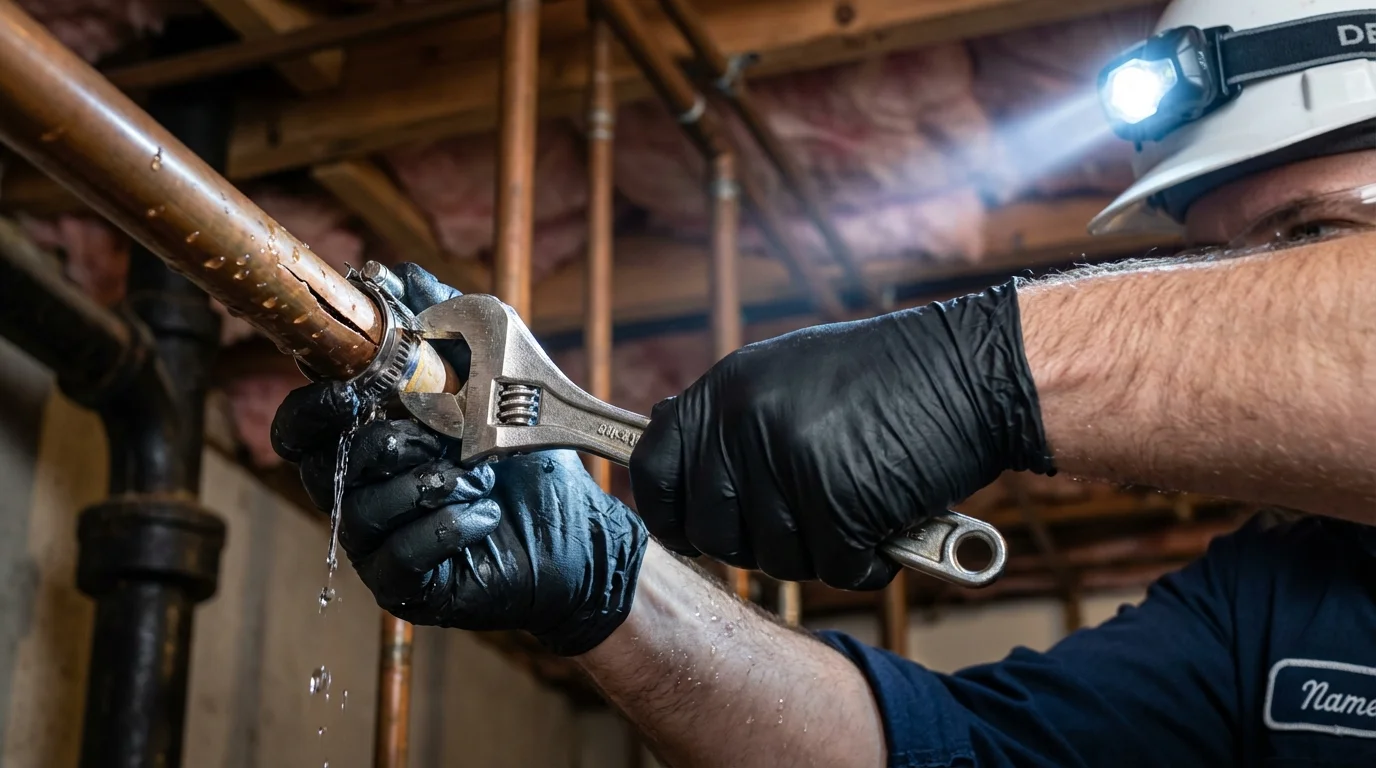 Emergency pipe clamp repair being performed by a Johns Plumbing LLC plumber in Torrance