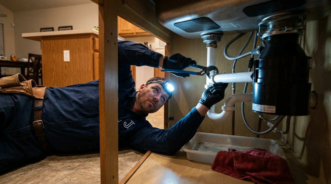 P-trap and supply line connections under a kitchen sink showing a common leak point in Torrance, CA